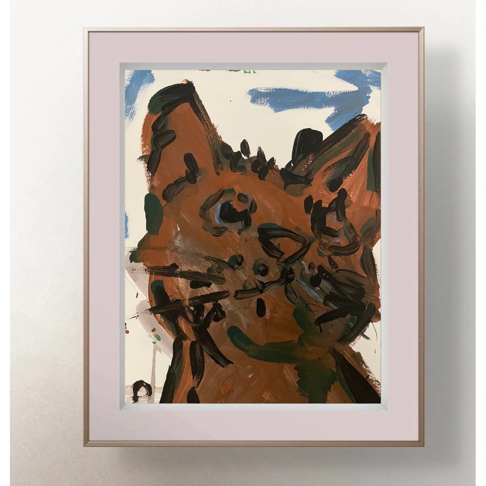 Oman Original Art 9x12 Neo Expressionist Paper Kitty Cat Painting Brown